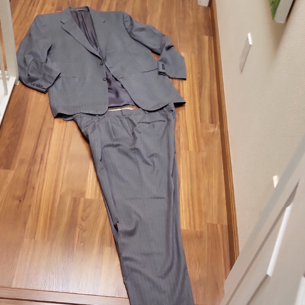 Hickey Freeman Gray Pinstripe Suit With Elegant Blue Stripes.